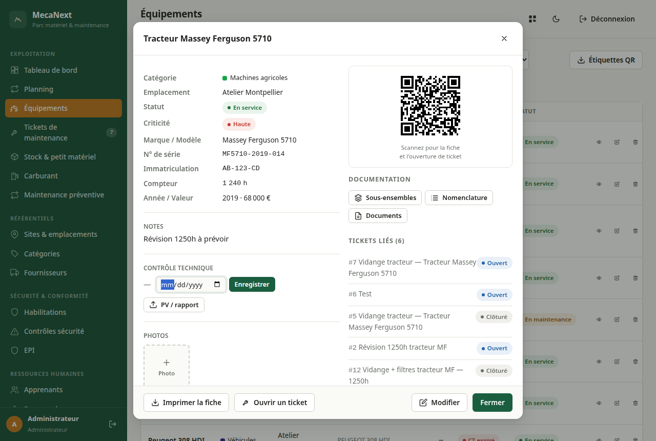 Fiche équipement et QR code dans MecaNext